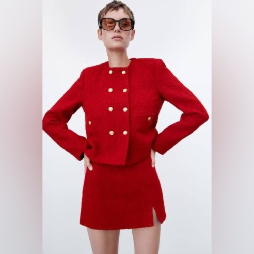NEW ZARA RED TEXTURED DOUBLE BREASTED JACKET